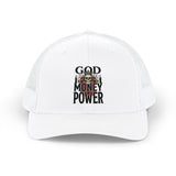 Trucker Cap — "God Money Power" Skull Graphic Snapback