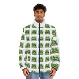 Men's Puffer Jacket — Green 'Panic Power' All-Over Print Winter Coat