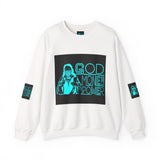 Crewneck Sweatshirt — GOD MONEY POWER Graphic Crewneck (Neon Cyan on White)