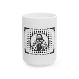 God Money Power Ceramic Mug — Bold Black Graphic Jesus with Bandana (11oz/15oz)