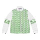 GMP Logo Puffer Jacket — All-Over Print Green Block Pattern
