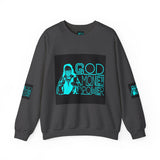 Crewneck Sweatshirt — GOD MONEY POWER Graphic Crewneck (Neon Cyan on White)