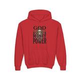 Youth Hoodie "God Money Power" Skull Graphic