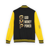 God Money Power Letterman Jacket — Red Varsity Bomber with GMP Gold Logo