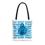 God Money Power Graphic Tote Bag — Blue Urban Goddess All-Over Print Tote