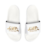 Men's Slide Sandals — White Removable-Strap Slides with Gold “GMP” Logo