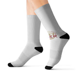 Money Power Graphic Sublimation Socks — Novelty Crew Socks with Retro Badge