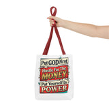 Tote Bag — "Put GOD First, Hustle For The MONEY, Put Yourself In POWER" Inspirational Graphic Tote