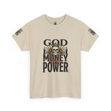 Graphic Tee — "God Money Power" Skull Design