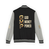 God Money Power Letterman Jacket — Red Varsity Bomber with GMP Gold Logo