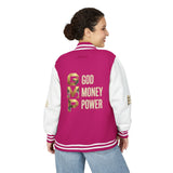 God Money Power Letterman Jacket — Red Varsity Bomber with GMP Gold Logo