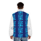 Men's Puffer Jacket – Blue Graphic AOP 'Good Money, Good Power' Streetwear