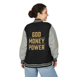 Letterman Jacket — 'GOD MONEY POWER' Red & White Varsity Jacket