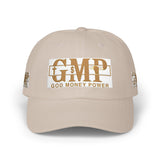 GMP 'Good Money Power' White Dad Cap — Distressed Gold Logo Baseball Hat