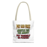 Inspirational Gospel Tote Bag — "Put God First, Hustle for the Money, Put Yourself in Power"