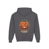 Youth Halloween Pumpkin Hoodie —“ God Money Power” Jack-o'-Lantern Graphic Hooded Sweatshirt