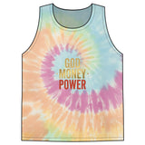 Tie-Dye Tank Top — "God Money Power" Spiritual Graphic Summer Top