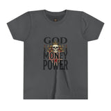 Youth Tee — 'God Money Power' Skull Graphic Shirt