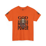 Graphic Tee — "God Money Power" Skull Design