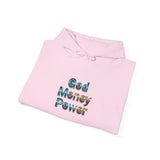 God Money Power Hoodie — Inspirational Graphic Pullover with Script on Sleeves