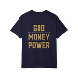 God Money Power T-Shirt — Crown, Coin & Fist Graphic Tee