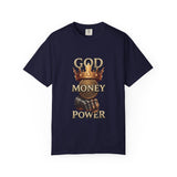 God Money Power T-Shirt — Crown, Coin & Fist Graphic Tee