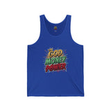God Money Power Graphic Tank Top — Faith & Hustle Comic-Style Design