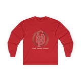 Long Sleeve Tee — Gold Monogram GMP Logo “God, Money, Power”