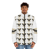 Men's Puffer Jacket with Repeating Eagle Emblem — Vintage Gold "GMP" Graphic