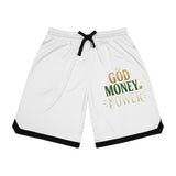 God Money Power Basketball Shorts — White Athletic Rib Shorts with Motivational Gold Green Print