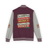Letterman Jacket — "Put GOD First, Hustle For The MONEY, Put Yourself In POWER" Inspirational Varsity Coat