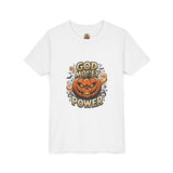 Youth Tee — "God Money Power" Halloween Pumpkin Graphic