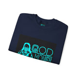 Crewneck Sweatshirt — GOD MONEY POWER Graphic Crewneck (Neon Cyan on White)