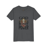 Youth Tee — 'God Money Power' Skull Graphic Shirt