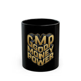 Black Mug — "GMP Good Money Power" Gold 3D Typography Coffee Cup