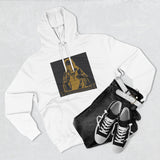 Three-Panel Fleece Hoodie — Vintage Gold Priest Graphic “God Money Power”