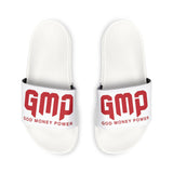 Youth Slides — White Removable-Strap Sandals with "GMP (God Money Power)" Red Logo