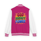 Letterman Jacket — "God Money Power" Retro Graphic Varsity Jacket