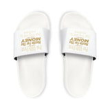 Slide Sandals — White "Hustle for the Money" Adjustable Strap Slides