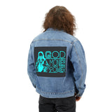 Denim Jacket — 'God, Money, Power' Retro Neon Graphic Back Patch