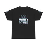 God Money Power Graphic Tee — Blue Anime Design