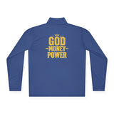 God • Money • Power Quarter-Zip Pullover — Bold Gold Graphic