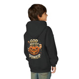 Halloween Pumpkin Hoodie — “God Money Power” Graphic Youth Sweatshirt