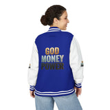 Letterman Jacket - "GOD MONEY POWER" Graphic Varsity Jacket with Chest Logo