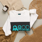 Crewneck Sweatshirt — GOD MONEY POWER Graphic Crewneck (Neon Cyan on White)
