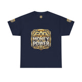 Graphic Tee — "God Money Power" Gold Crest T-Shirt