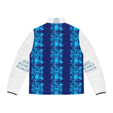 Men's Puffer Jacket – Blue Graphic AOP 'Good Money, Good Power' Streetwear