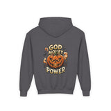 Halloween Pumpkin Hoodie — “God Money Power” Graphic Youth Sweatshirt