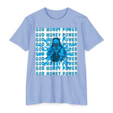 God Money Power Graphic T-Shirt — Blue Anime-Inspired Streetwear