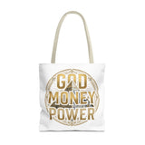 God Money Power Tote Bag — Bold Pyramid Graphic Religious Statement Tote